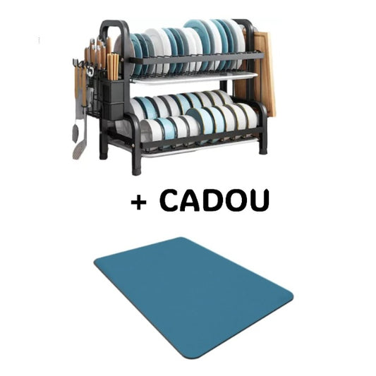 Suport de vase metalic, cu doua niveluri si suport tacamuri + CADOU Covoras de bucatarie cu uscare rapida