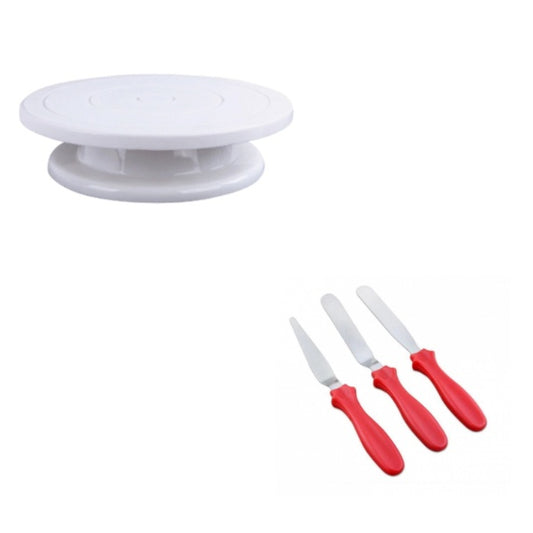 Platou rotativ cu baza antiaderenta, 28 cm + set 3 spatule pentru decorare