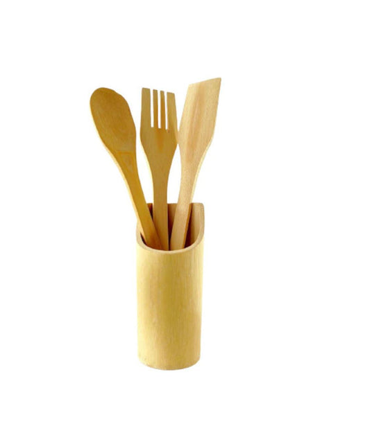 Set 3 ustensile pentru bucatarie cu suport, bambus, natur